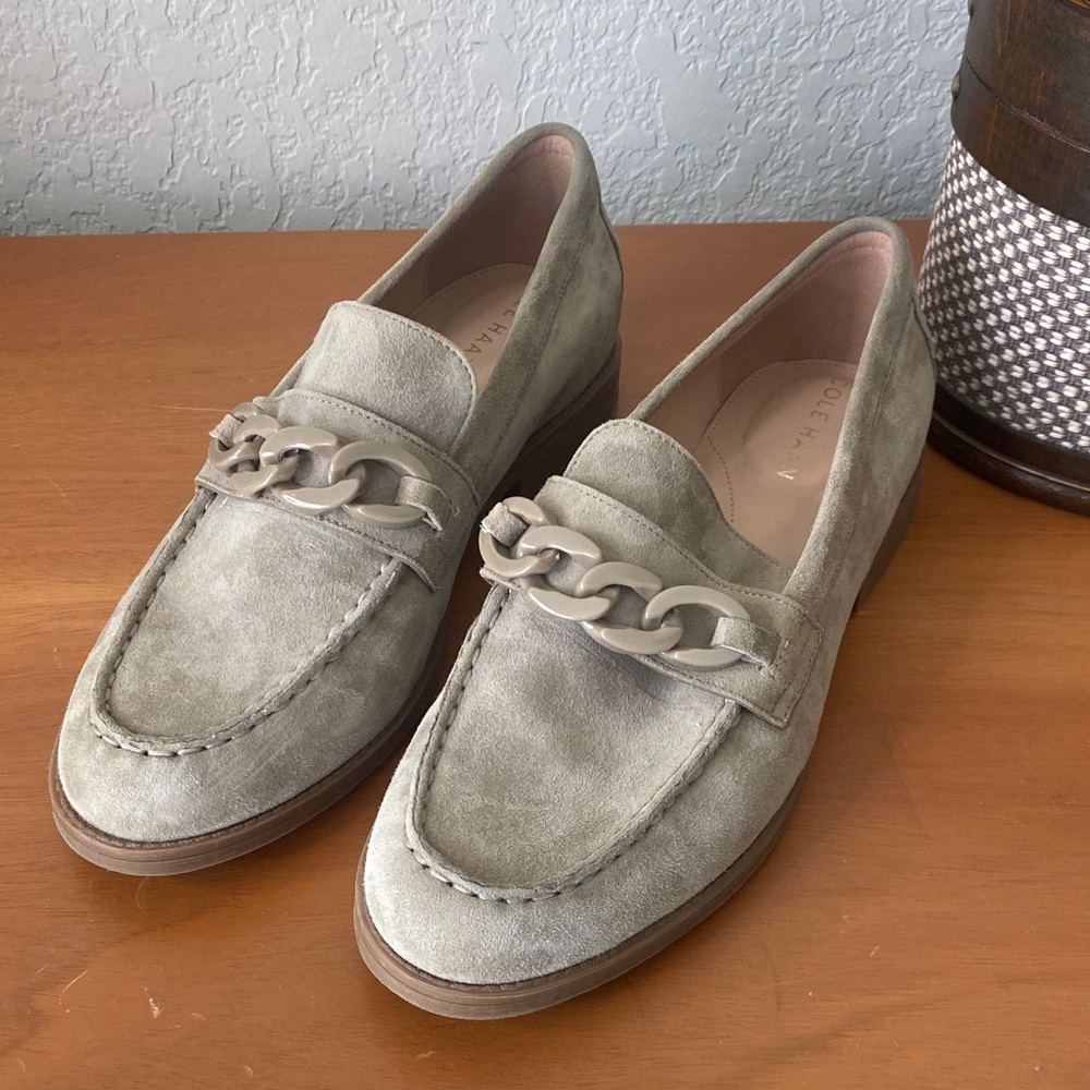 Cole Haan Suede Loafers with Chain Trim in Light Gray-Taupe